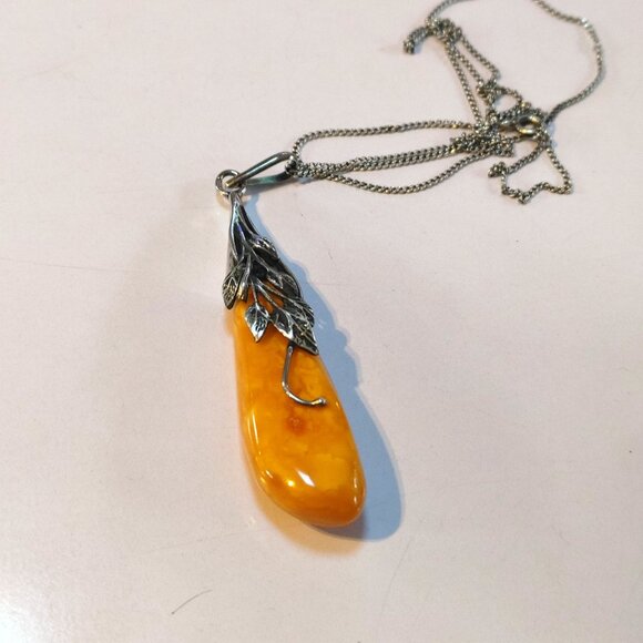 925 Polished Yellow Pendant Necklace Sterling Silver Leaf Design Chain 20 inch - Picture 5 of 10